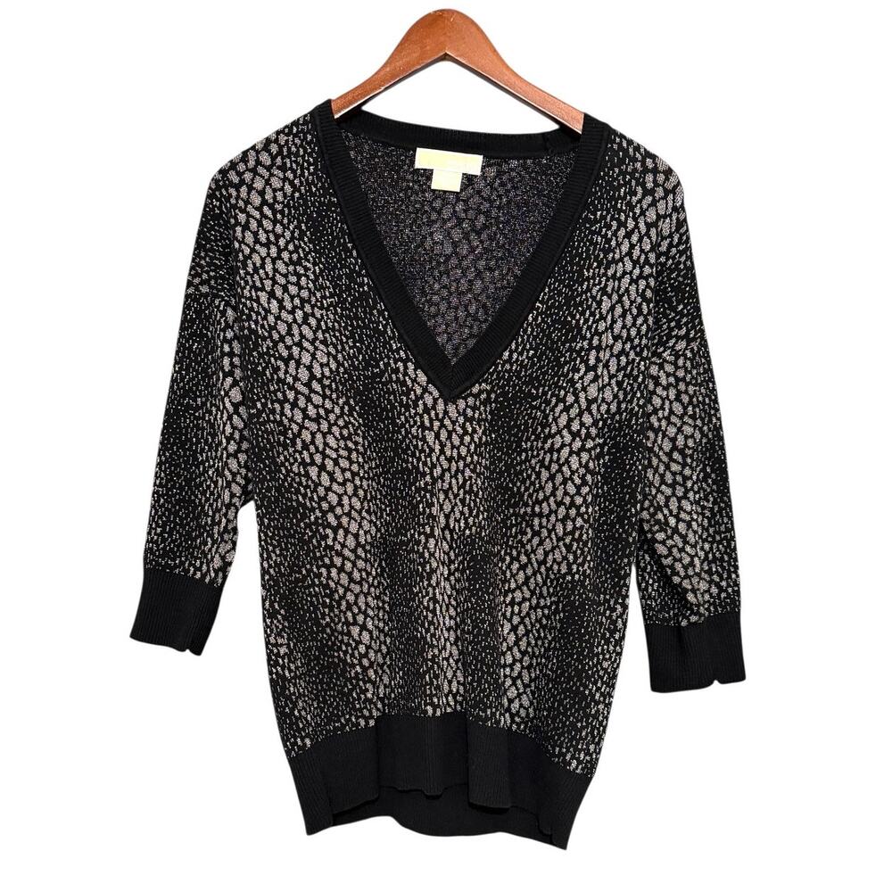 Michael Kors Black Metallic Animal Print V Neck 3/4 Sleeve Sweater M